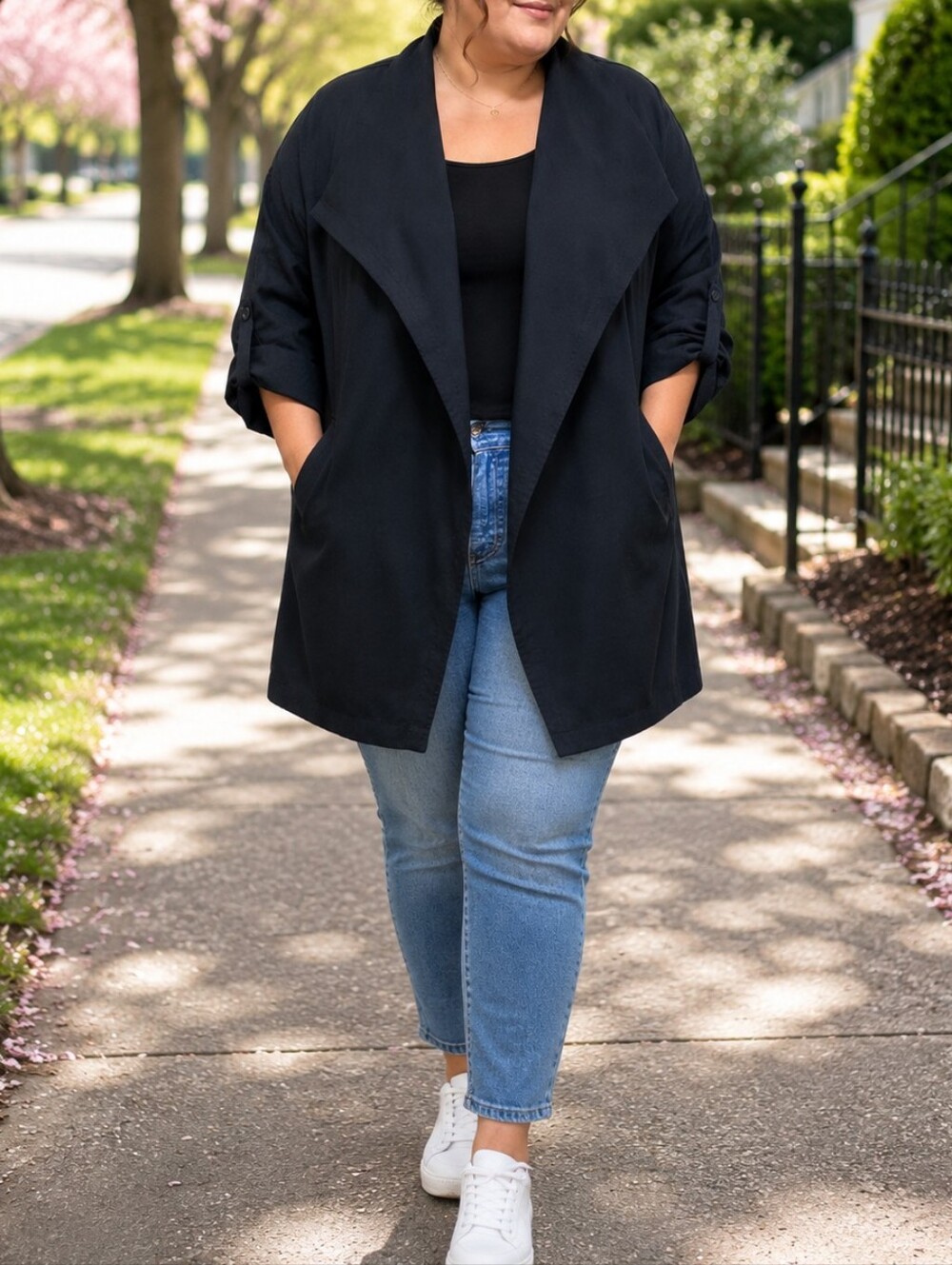 Max Studio Black Open Front Draped Jacket Waterfall Collar Roll-Tab Sleeve Coat